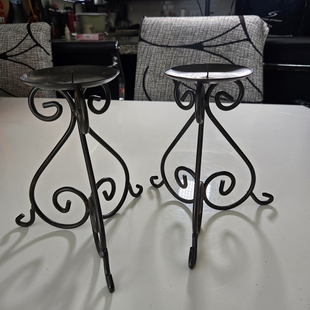 Target Wrought Iron Pillar Candle Holder Set of 2 Black Scrollwork Tripod Base